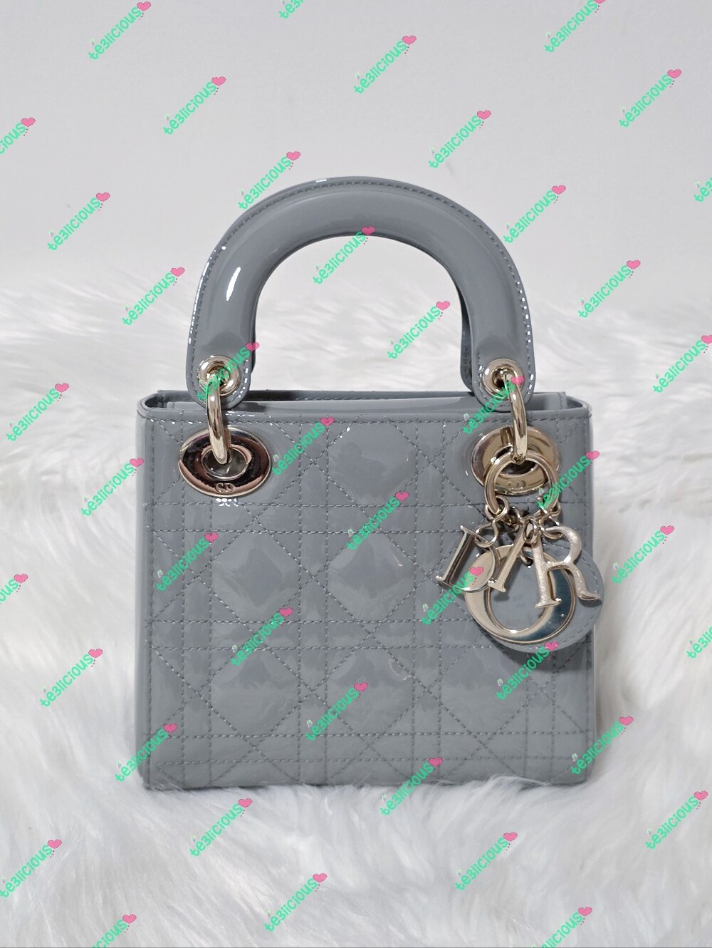 DIOR LADY DIOR MINI PATENT LEATHER GRAY CANNAGE QUILTED BAG *100% AUTH
